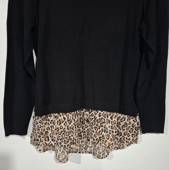 Adrianna Papell Crewneck Twofer Sweater Leopard Mixed Media Sz L Preppy Carrier - Picture 3 of 11